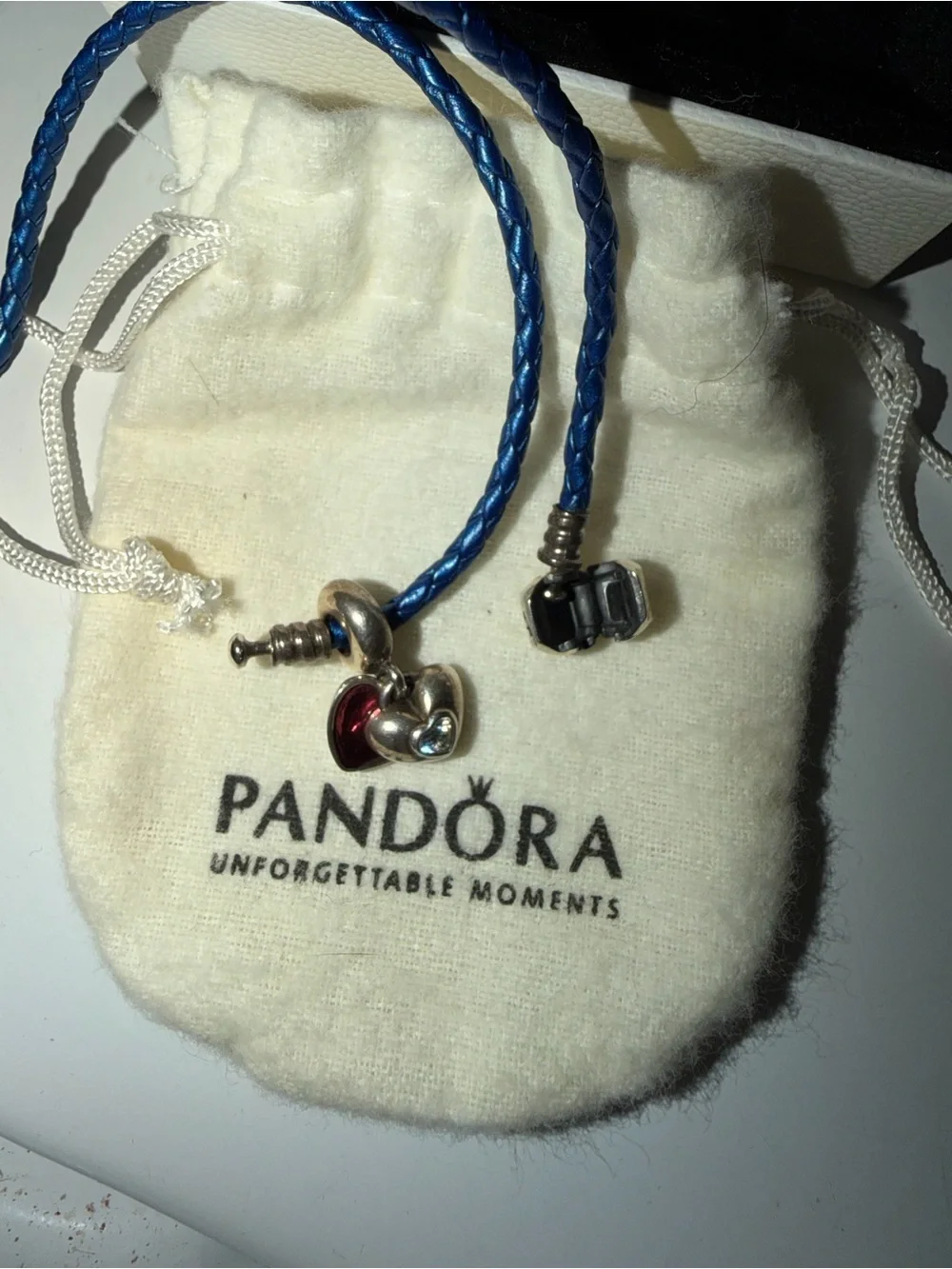 Pandora Blue Braided Leather Bracelet with Red Heart Charm and Silver Accent